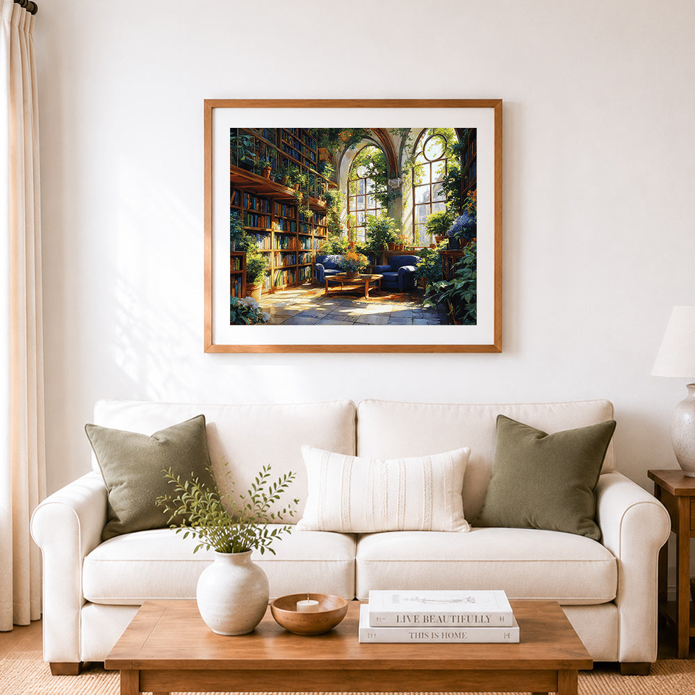 Finished sunlit greenhouse library with blue sofas cross stitch artwork displayed as home decor