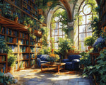 Sunlit greenhouse library with blue sofas cross stitch kit for beginners