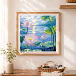 Finished sunlit lotus lake scenery cross stitch artwork displayed as home decor