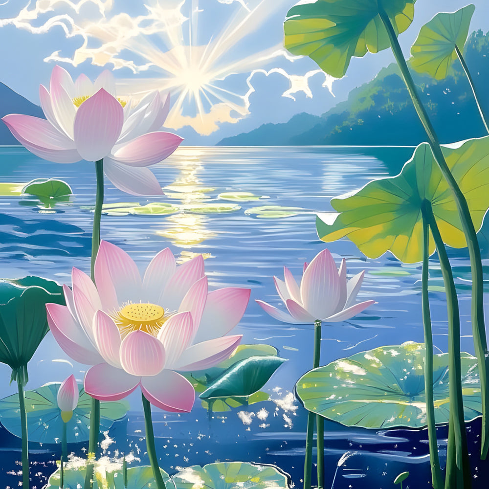Sunlit lotus lake scenery cross stitch kit for beginners