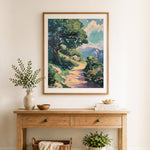 Finished sunlit mountain trail cross stitch artwork displayed as home decor