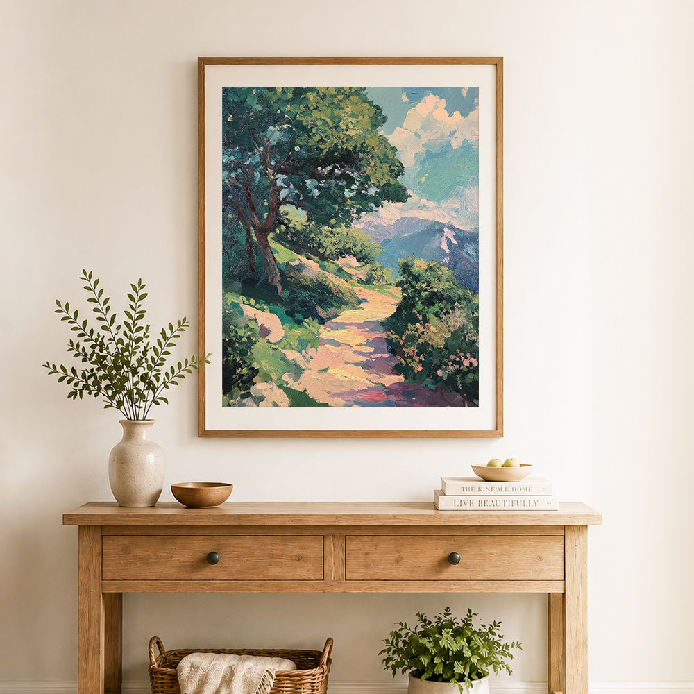 Finished sunlit mountain trail cross stitch artwork displayed as home decor
