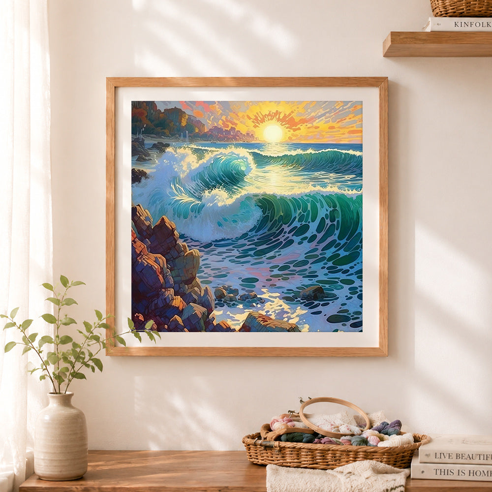 Finished sunlit ocean surf view cross stitch artwork displayed as home decor