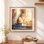 Finished sunlit orange cat cross stitch artwork displayed as home decor
