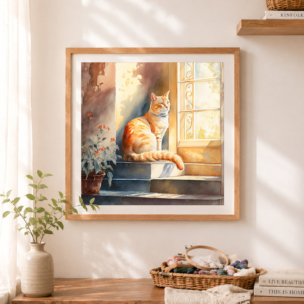 Finished sunlit orange cat cross stitch artwork displayed as home decor