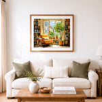 Finished sunlit paris reading nook cross stitch artwork displayed as home decor