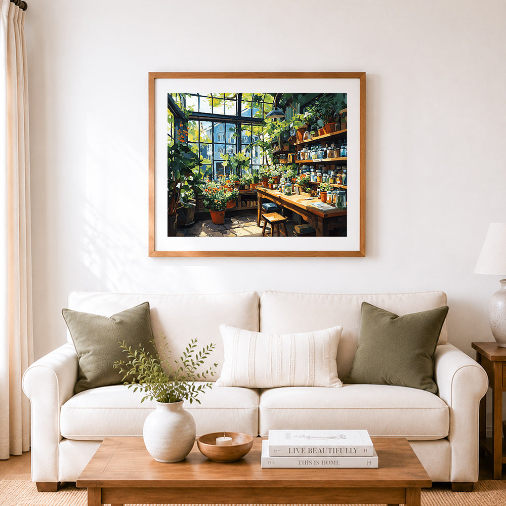 Finished sunlit plant workshop cross stitch artwork displayed as home decor