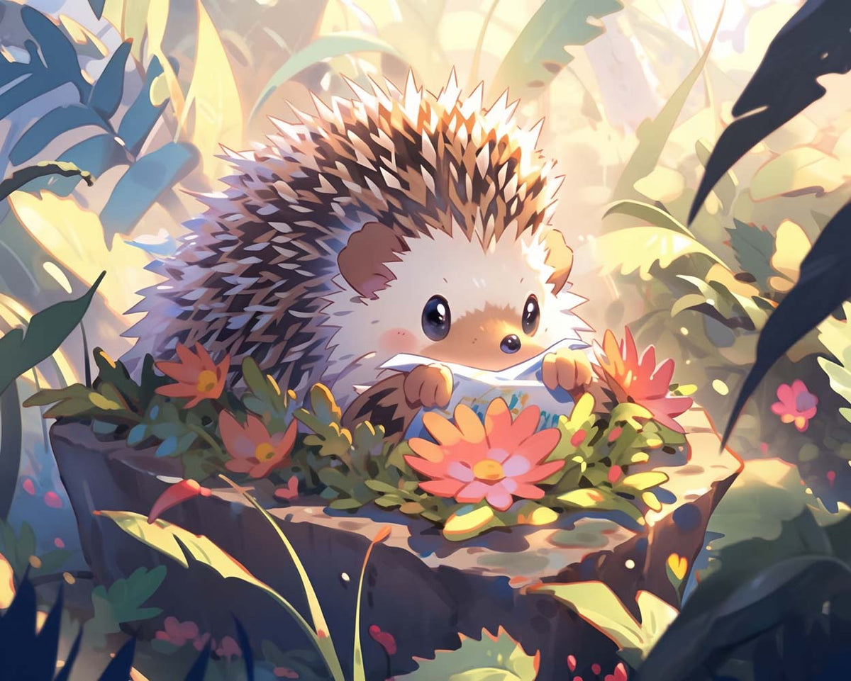 Sunlit reading hedgehog cross stitch kit for beginners