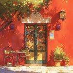 Sunlit red wall café scene cross stitch kit for beginners