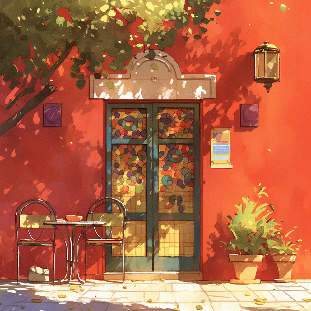 Sunlit red wall café scene cross stitch kit for beginners