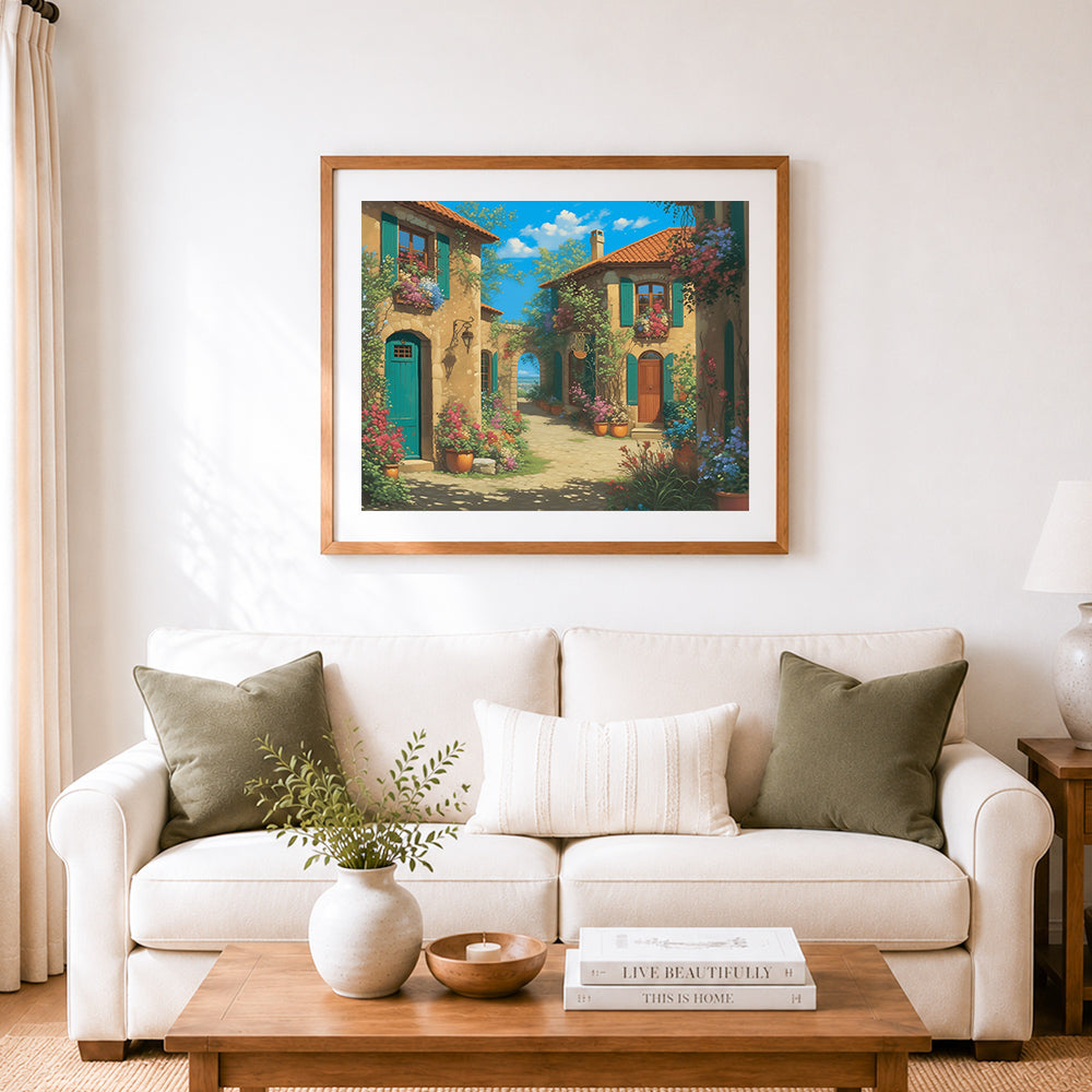 Finished sunlit tuscan alley cross stitch artwork displayed as home decor