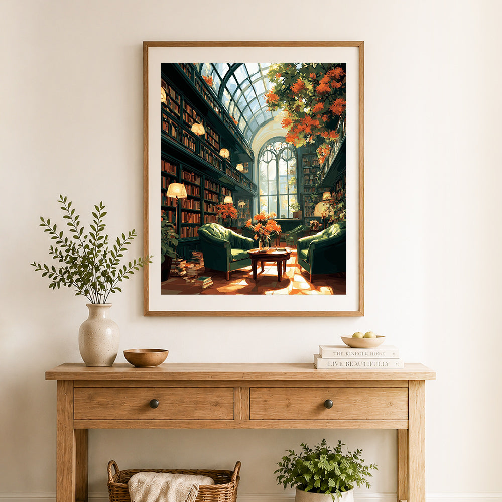 Finished sunlit vintage library cross stitch artwork displayed as home decor
