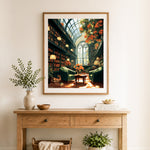 Finished sunlit vintage library cross stitch artwork displayed as home decor