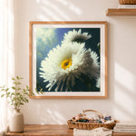 Finished sunlit white daisies cross stitch artwork displayed as home decor
