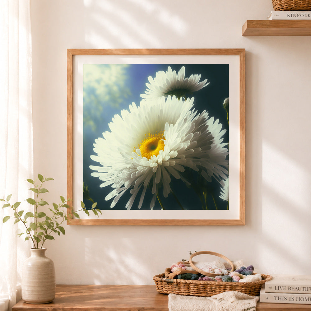 Finished sunlit white daisies cross stitch artwork displayed as home decor