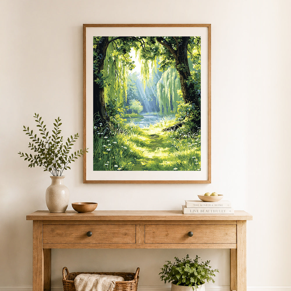 Finished sunlit willow creek cross stitch artwork displayed as home decor
