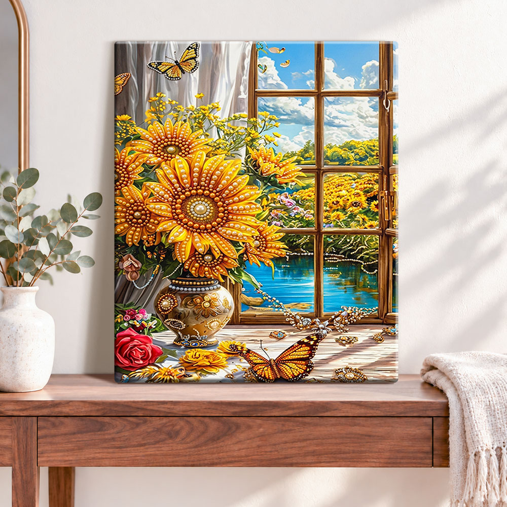 Finished sunlit window blooms pearl diamond painting artwork displayed as home decor