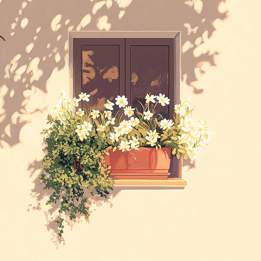 Sunlit window box with white flowers cross stitch kit for beginners