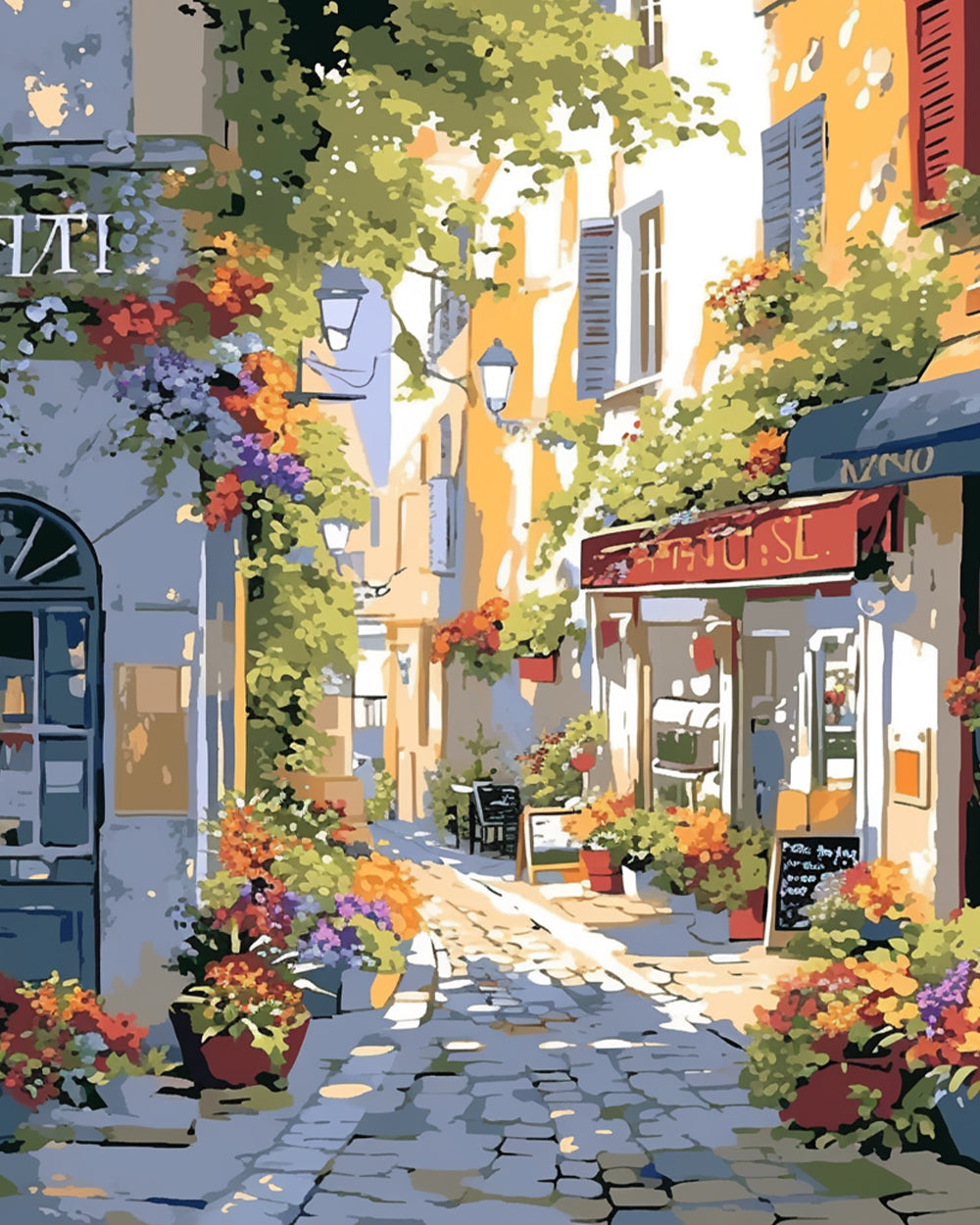 Sunny alley with flower shop cross stitch kit for beginners