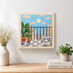 Finished sunny balcony and potted plants artwork displayed on a wall