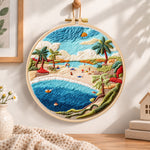 Sunny beach bay embroidery hoop wall art displayed as warm and cozy handmade home decor