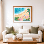 Finished sunny beach top‑down view cross stitch artwork displayed as home decor
