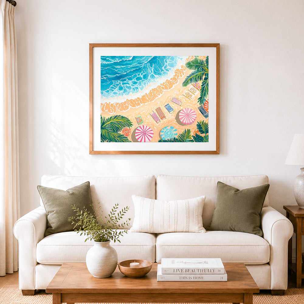 Finished sunny beach top‑down view cross stitch artwork displayed as home decor
