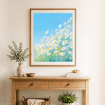 Finished sunny daisy meadow cross stitch artwork displayed as home decor