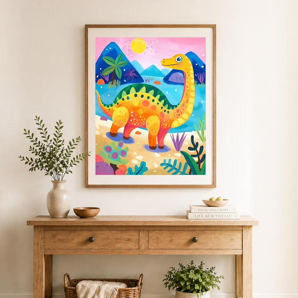 Finished sunny dinosaur scene cross stitch artwork displayed as home decor