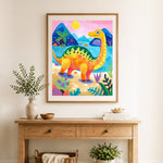 Finished sunny dinosaur scene cross stitch artwork displayed as home decor