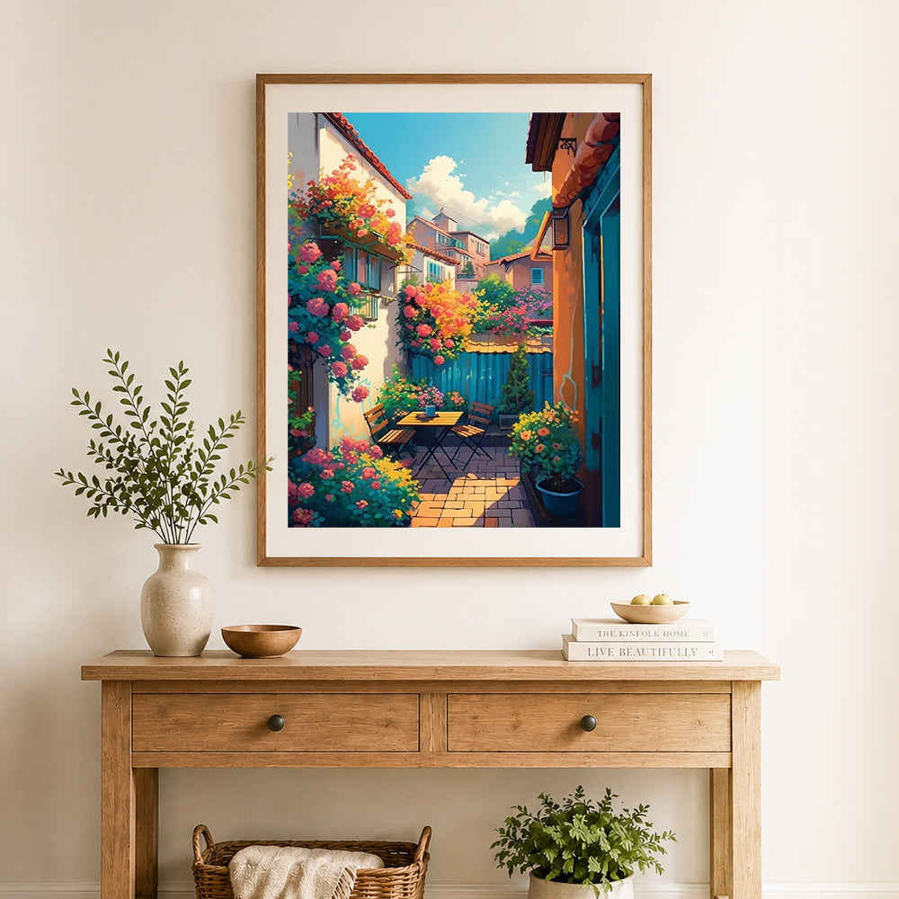 Finished sunny floral courtyard view cross stitch artwork displayed as home decor