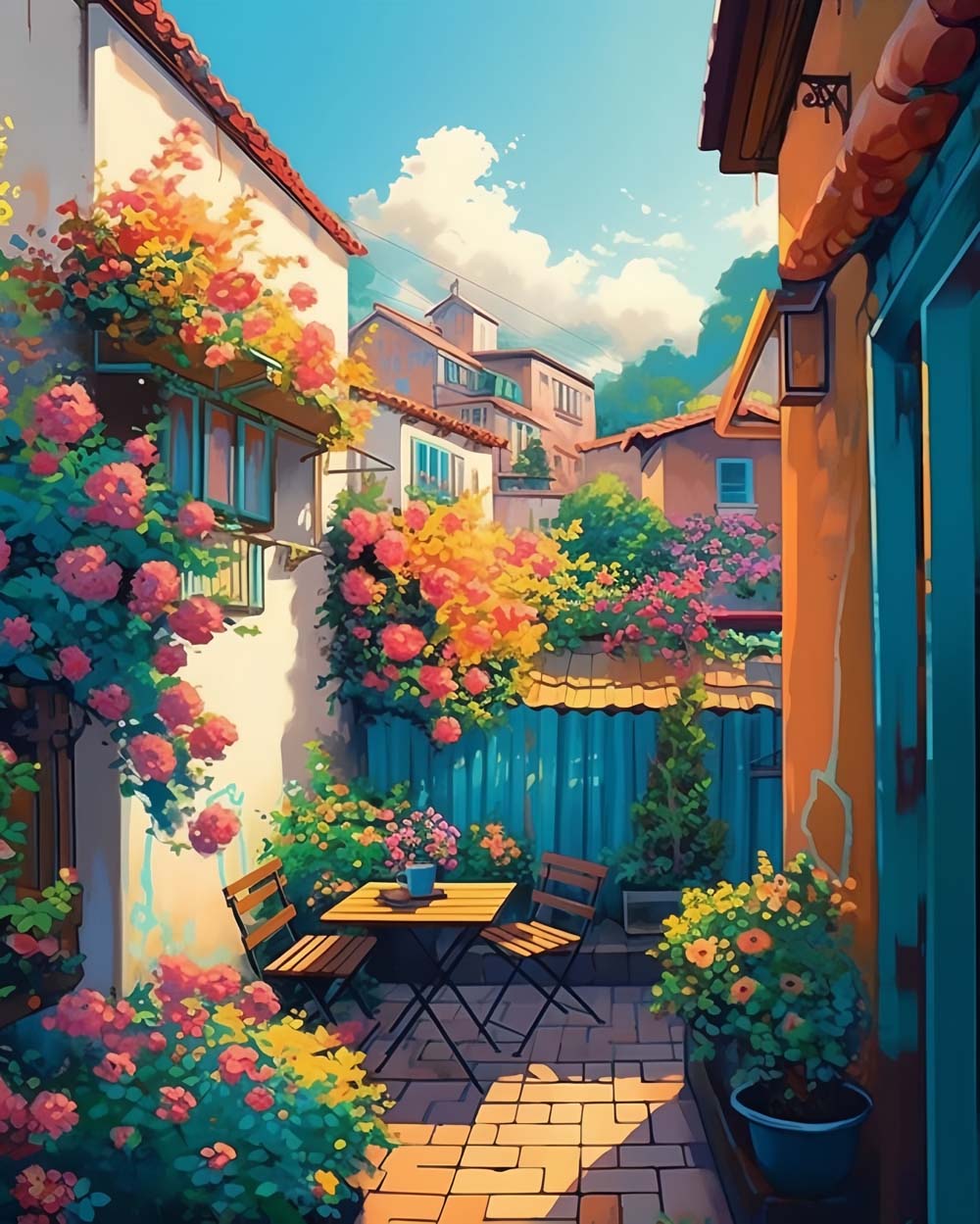 Sunny floral courtyard view cross stitch kit for beginners