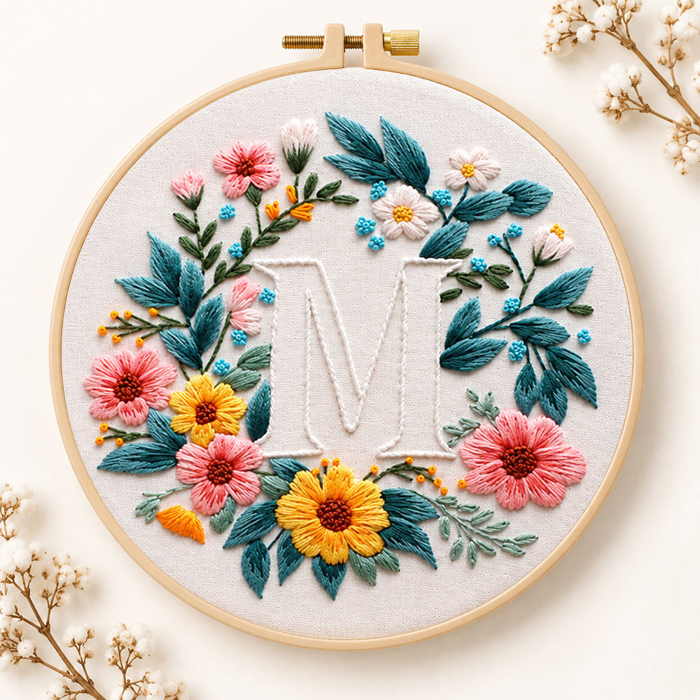 Sunny floral wreath and letter m embroidery kit