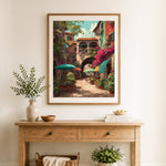 Finished sunny italian alley cross stitch artwork displayed as home decor