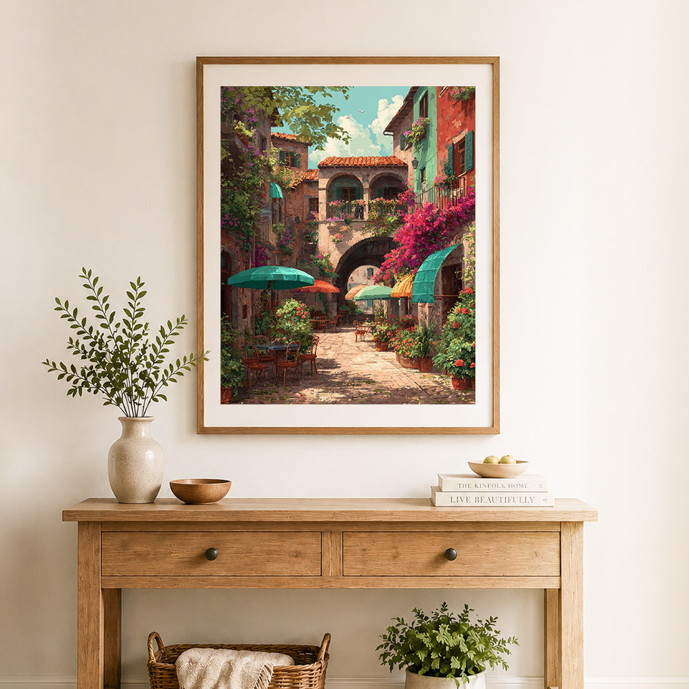 Finished sunny italian alley cross stitch artwork displayed as home decor