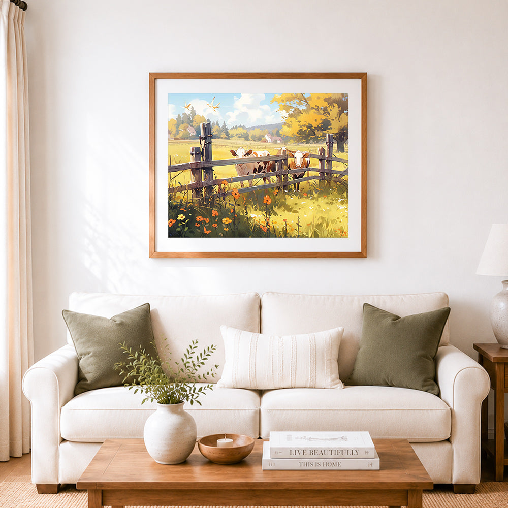 Finished sunny pasture with cows cross stitch artwork displayed as home decor