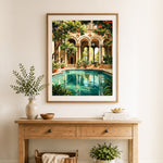 Finished sunny roman villa pool cross stitch artwork displayed as home decor