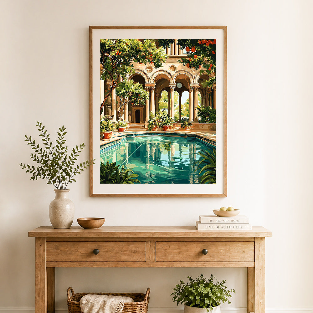 Finished sunny roman villa pool cross stitch artwork displayed as home decor