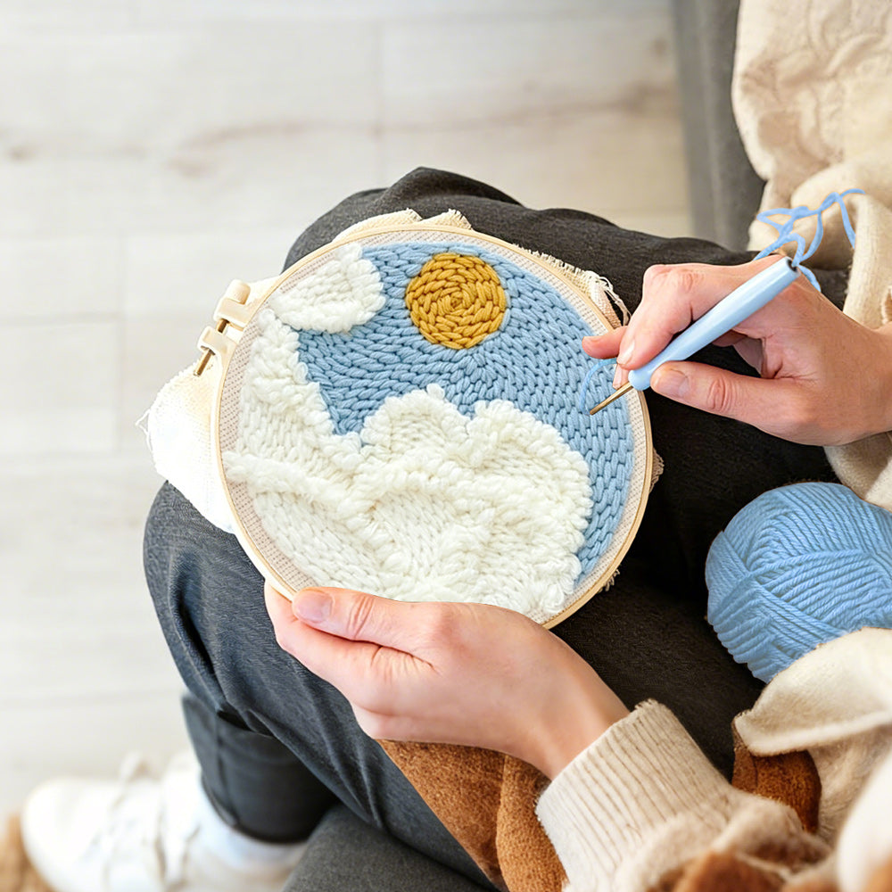 Creating handmade sunny sky with clouds punch needle artwork