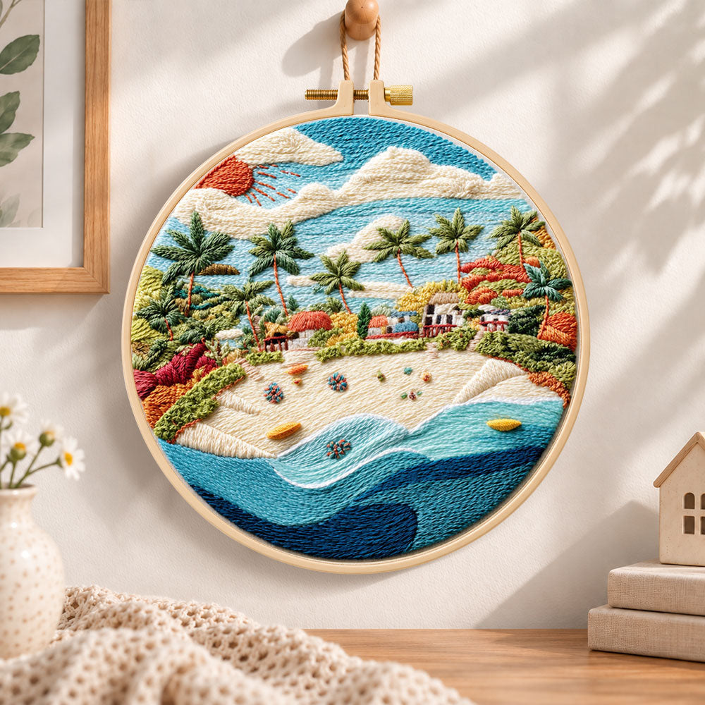 Sunny tropical beach embroidery hoop wall art displayed as warm and cozy handmade home decor