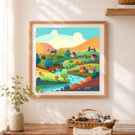 Finished sunny valley village cross stitch artwork displayed as home decor