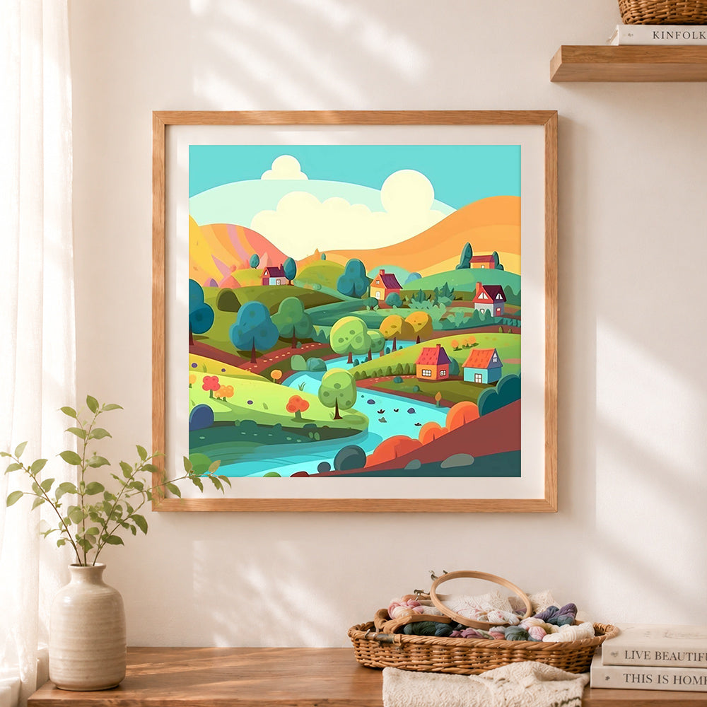 Finished sunny valley village cross stitch artwork displayed as home decor