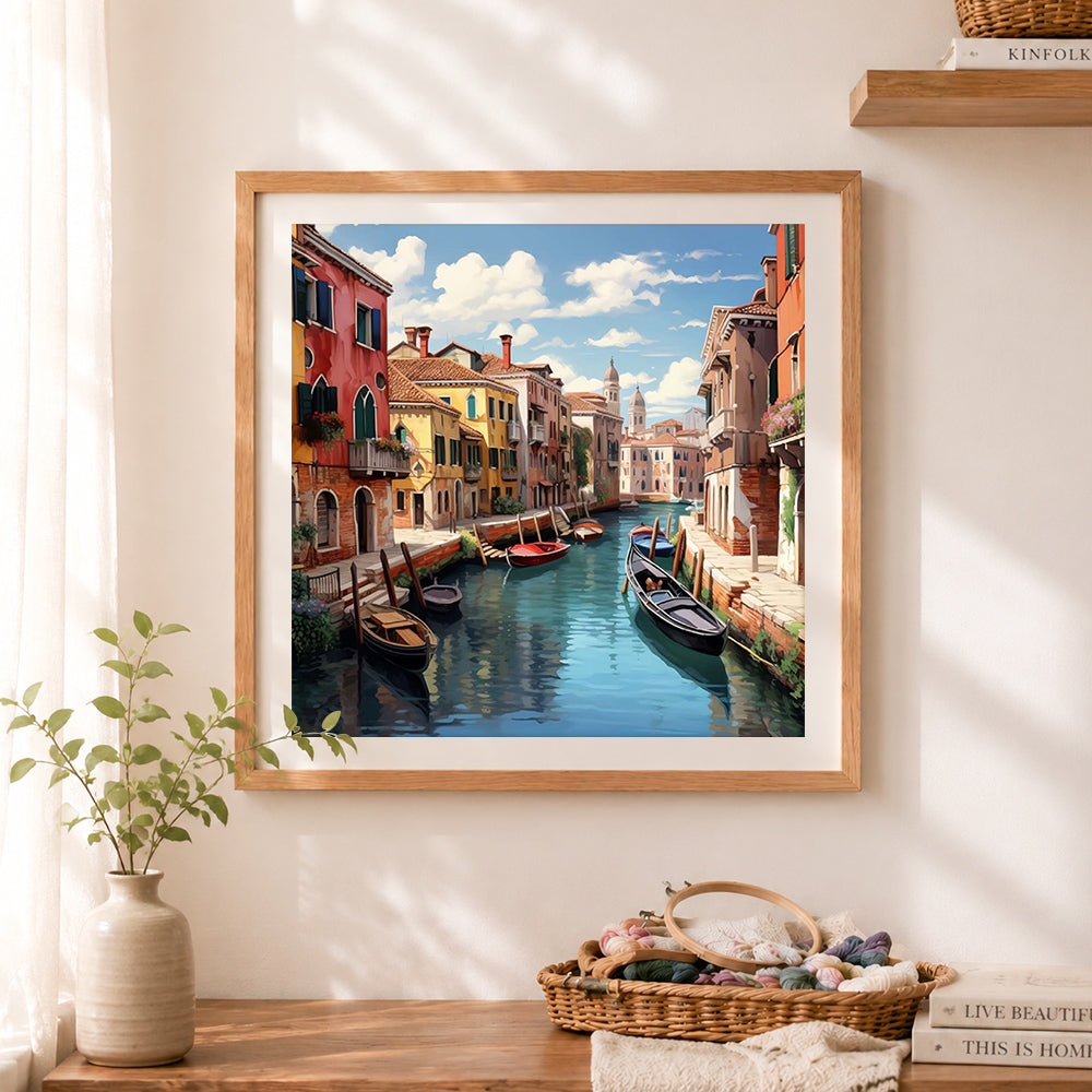 Finished sunny venice canal with colorful boats cross stitch artwork displayed as home decor