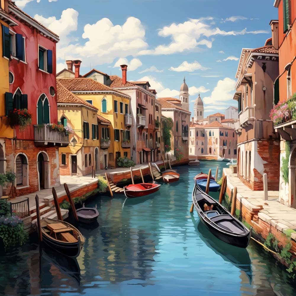 Sunny venice canal with colorful boats cross stitch kit for beginners