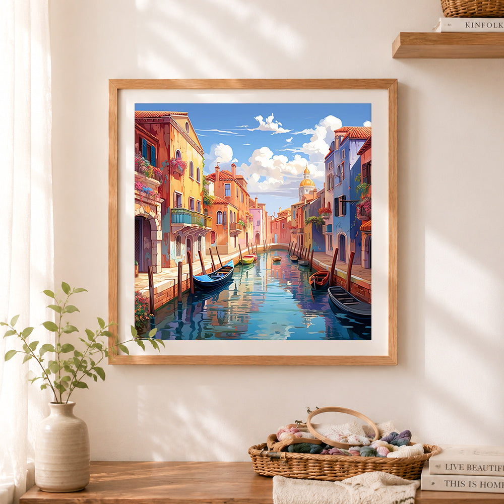 Finished sunny venice canal with gondola boats cross stitch artwork displayed as home decor
