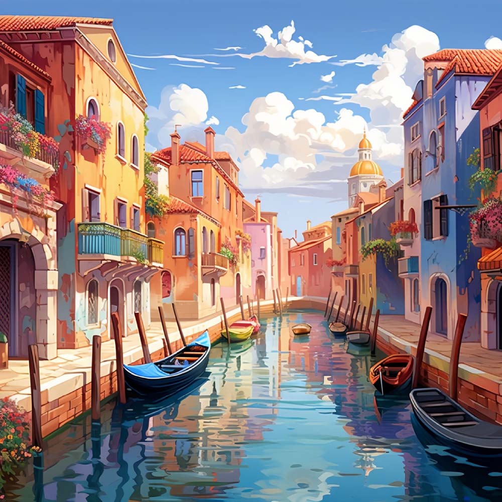 Sunny venice canal with gondola boats cross stitch kit for beginners