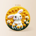 Sunny white bunny and yellow flowers needle felting kit for beginners with a round wooden frame