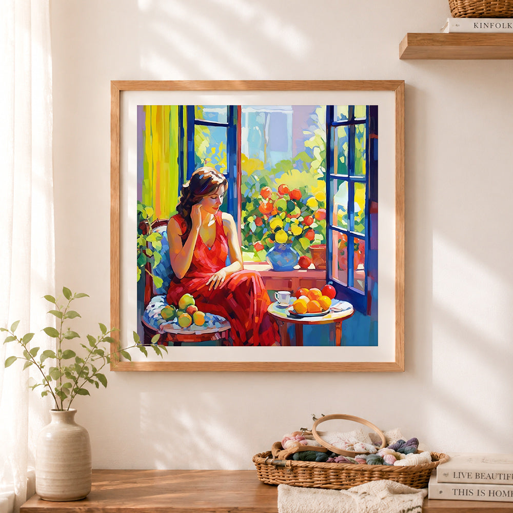 Finished sunny window lady still life cross stitch artwork displayed as home decor