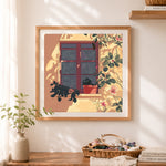 Finished sunny window with flowers cross stitch artwork displayed as home decor
