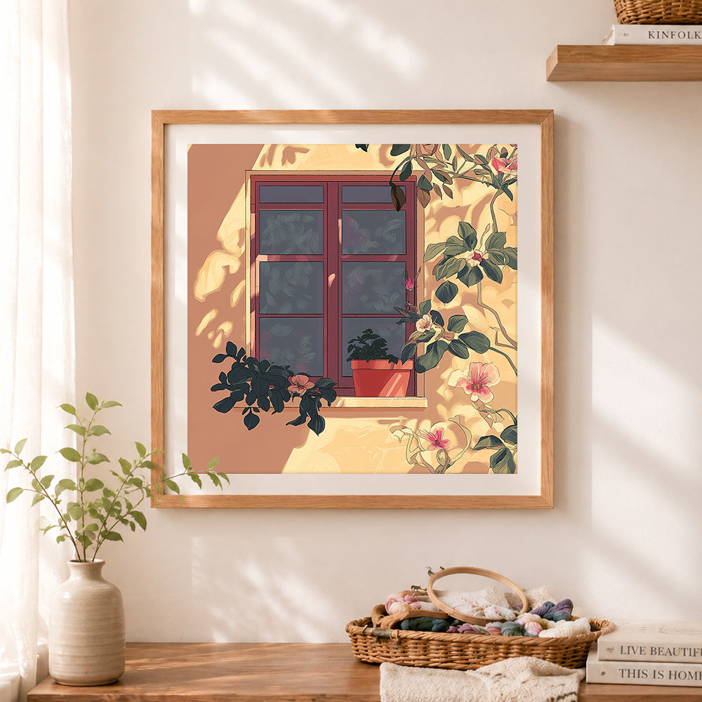 Finished sunny window with flowers cross stitch artwork displayed as home decor